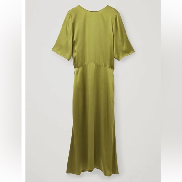 COS olive green 100% silk Deep V back Drape front short sleeves maxi dress Sz 12 - Picture 5 of 11